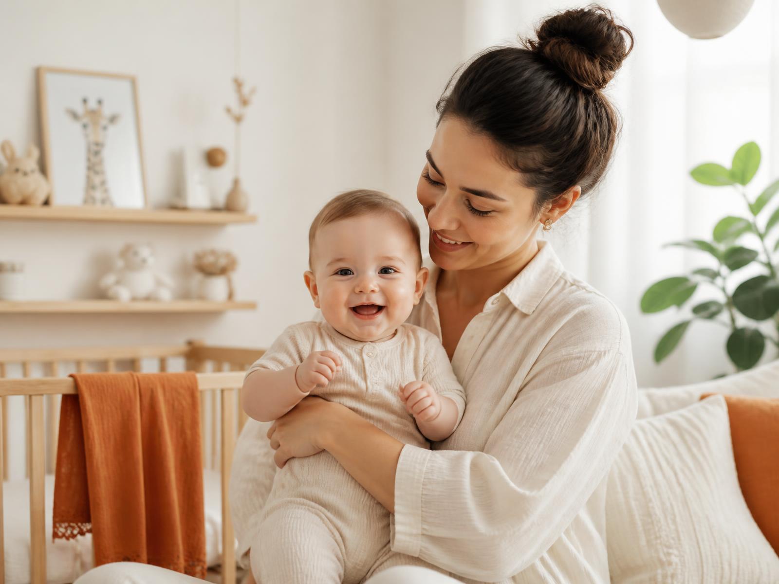 A parent holding a smiling baby in a bright, softly lit nursery